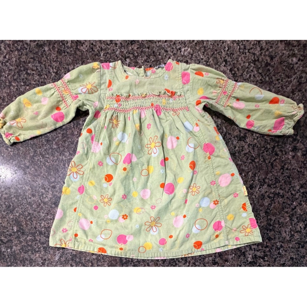 Le Top Kids Sage Green‎ Corduroy Smocked Floral Print Dress 2T Long Sleeve